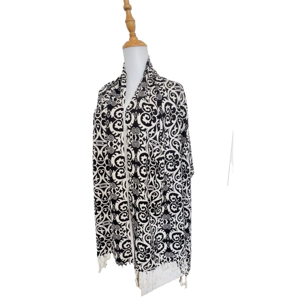 Women's Arabesque Shawl Scarf Black Off-White Ivory 26"W x 72"L Tassel Acrylic